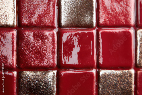 Abstract background, shiny metallic texture tile wall in red tones