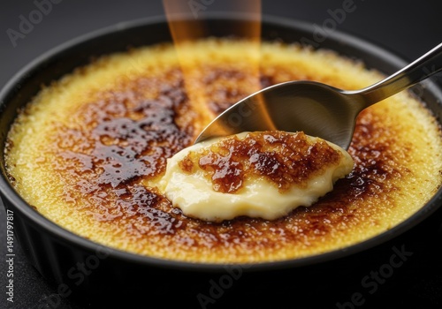 Close-up of a Caramelized Cr?me Br?l?e with a Spoon photo