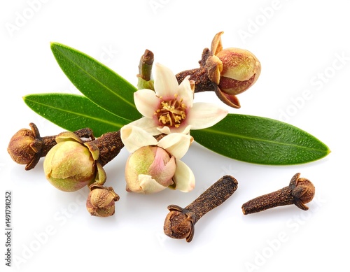 Close-up shot of clove flowers buds and green leaves on a white surface, displaying natural textures and colors