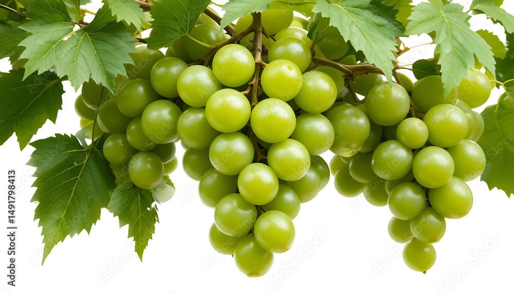 Obraz premium Fresh, glossy green grapes in a full cluster with natural vine leaves, isolated against a white background, soft lighting, ultra-HD realism.
