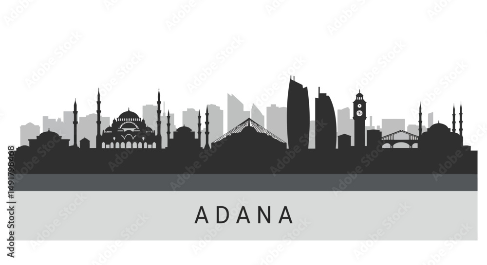 Naklejka premium Adana Skyline with Turkey Cityscape silhouette.