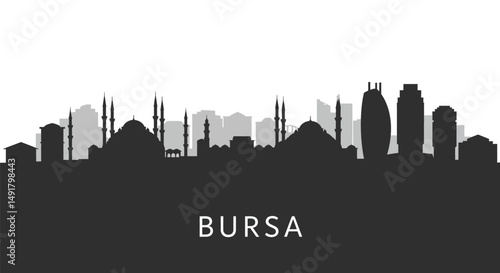 Bursa Skyline Silhouette with Turkey Cityscape.
