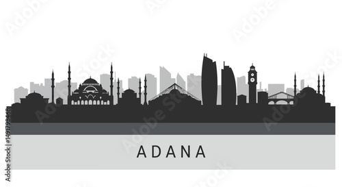 Adana Skyline with Turkey Cityscape silhouette.