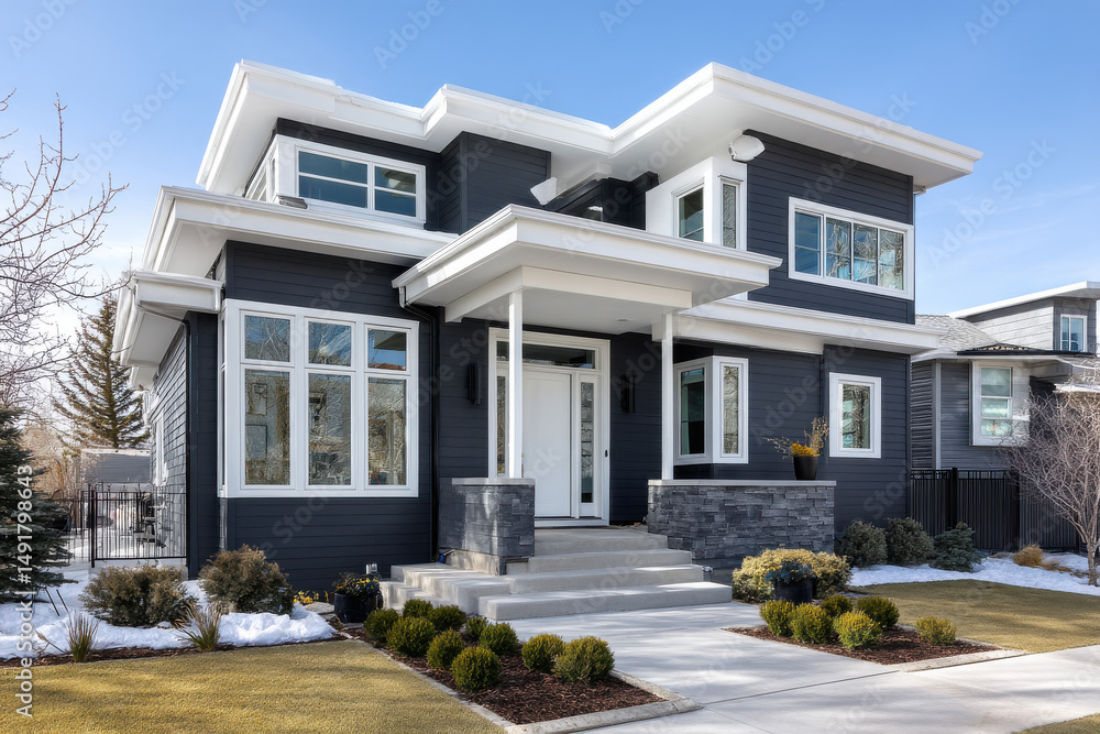 Modern house exterior with white trim and dark siding combining contemporary architecture with clean contrast and curb appeal Modern house exterior with white trim and dark siding combining contemporary architecture with clean contrast and curb appeal