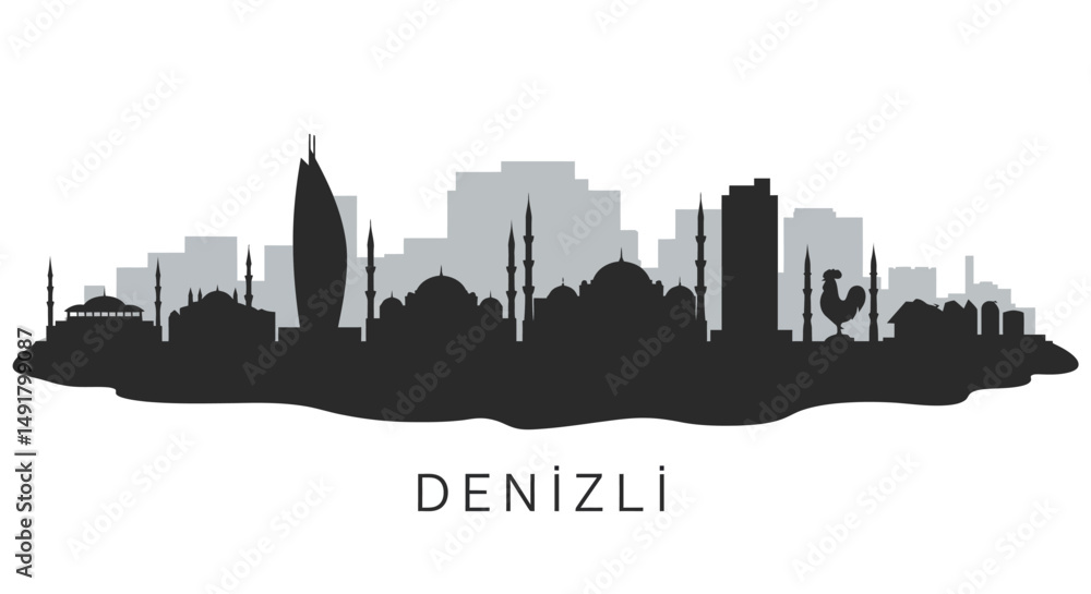 Naklejka premium Denizli City Silhouette with Turkey Architecture.