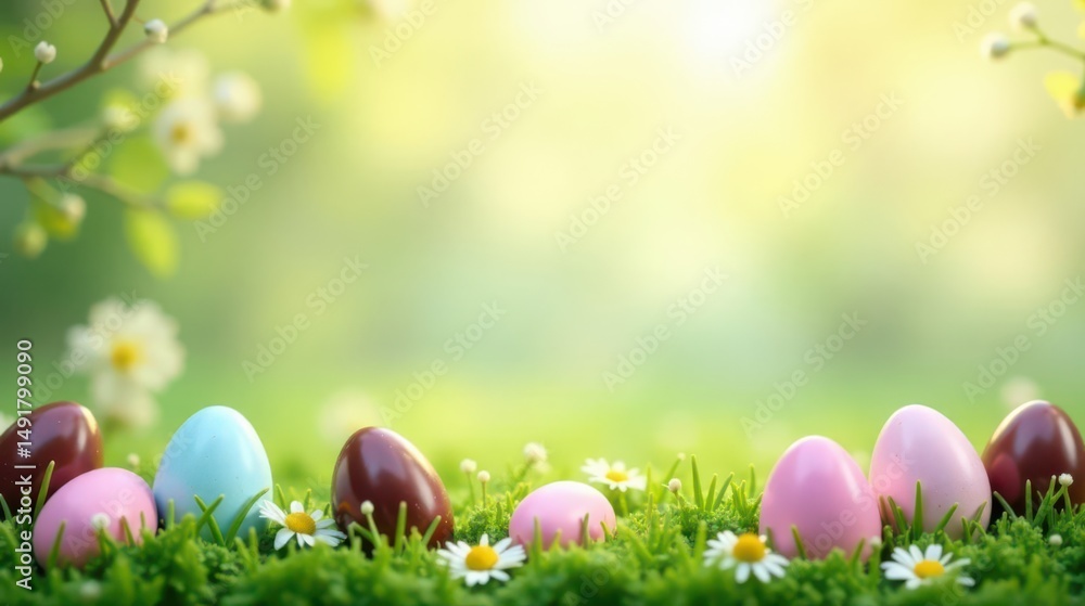 Fototapeta premium Pastel Eggs Nestled in Spring Meadow with Blooming Daisies and Soft Sunlight