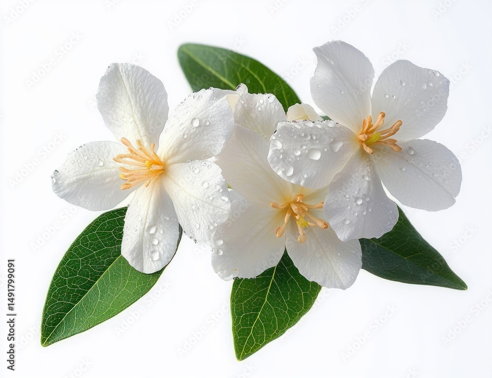 Obraz premium Close-up of three delicate white flowers with orange stamens and green leaves, adorned with water droplets, showcasing purity and freshness