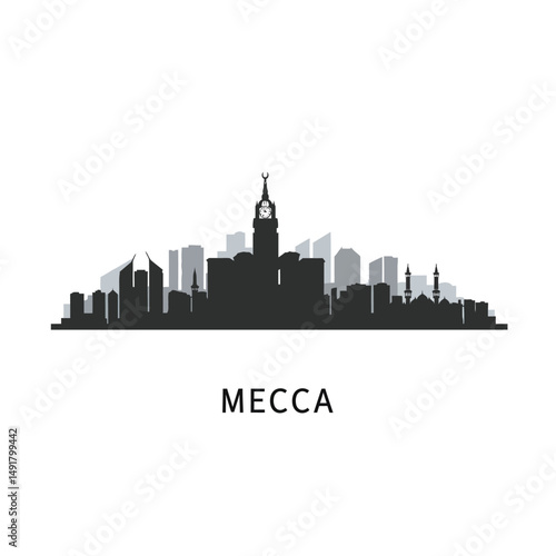 Mecca Cityscape Skyline with Saudi Arabia, and Black and White.