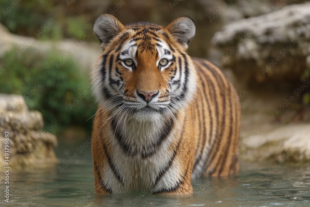 Obraz premium Tiger Standing in Water Looking at the Camera