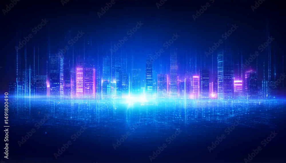 Glowing skyline with blue and purple lights in a futuristic city Glowing skyline with blue and purple lights in a futuristic city