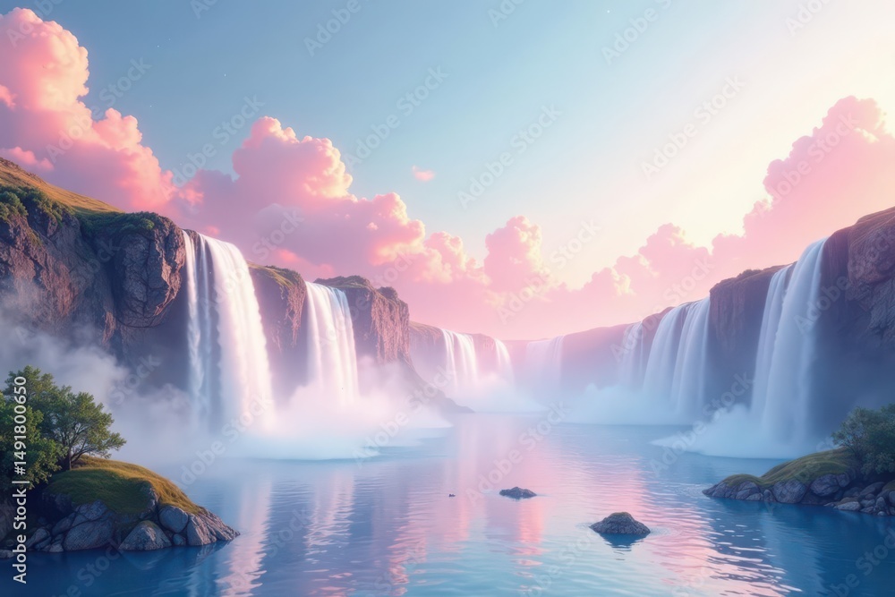 Fototapeta premium Serene Waterfall Paradise Pink Sunset Hues Over Tranquil Waters and Majestic Cliffs