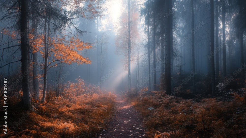Fototapeta premium Sunlit Autumnal Path Through a Misty Forest with Serene and Ethereal Mood