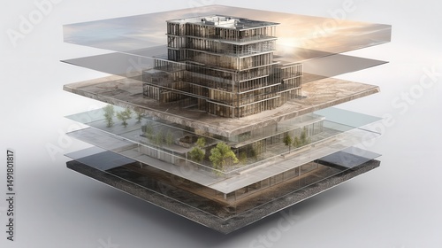 Fototapeta Naklejka Na Ścianę i Meble -  Layered architectural perspective of a derelict building.