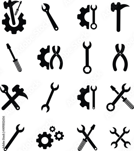 Repair tools and service icon set. Wrench, screwdriver and gear setting vector collection isolated on transparent background. Spanner perfect for diy crafting, and repair projects glyph symbol.