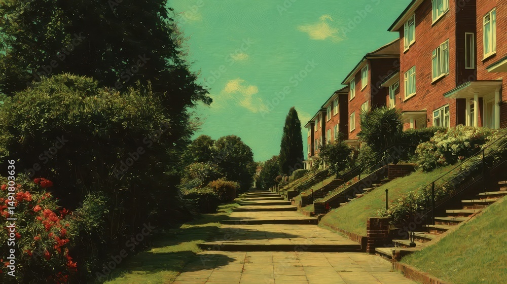 Obraz premium A verdant pathway winds through terraced homes.
