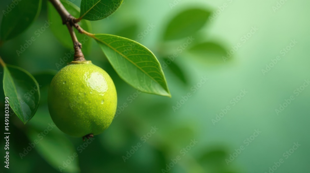 A single, vibrant green fruit hangs delicately from a branch, surrounded by lush foliage, showcasing the beauty of nature's simple elegance. A single, vibrant green fruit hangs delicately from a branch, surrounded by lush foliage, showcasing the beauty of nature's simple elegance.