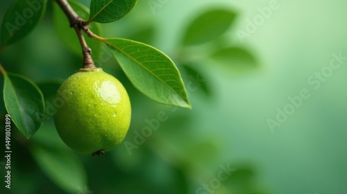 Wallpaper Mural A single, vibrant green fruit hangs delicately from a branch, surrounded by lush foliage, showcasing the beauty of nature's simple elegance. Torontodigital.ca