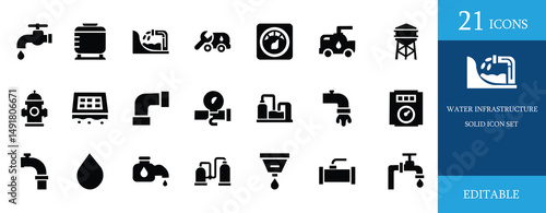 Water infrastructure solid icon set featuring pipes, faucets, tanks, hydrants, treatment systems, and meters. Clean, minimal black icons on white background. Ideal for utility, plumbing, and industry