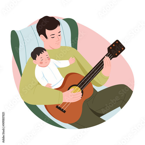 A flat style illustration showing father playing guitar