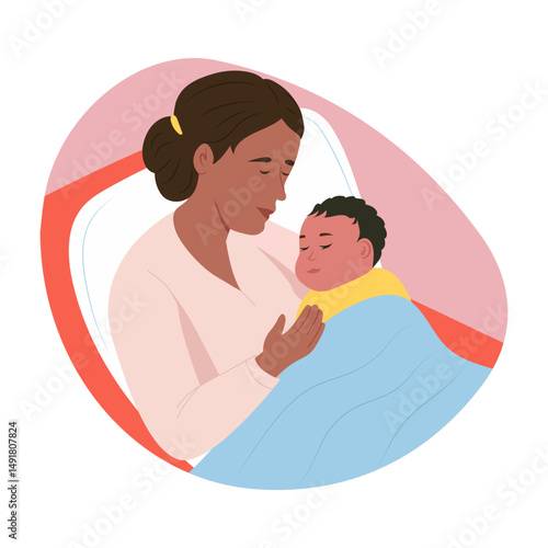 A flat style illustration showing baby sleeping with mother