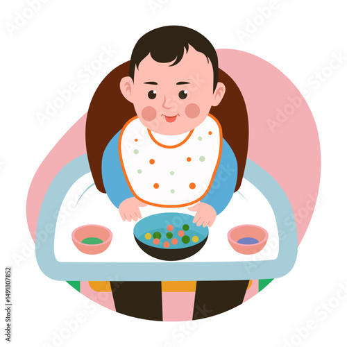 A flat style illustration showing baby eating
