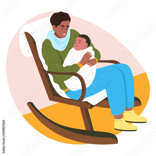 A flat style illustration showing father care with child