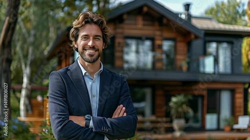 Wallpaper Mural Male realtor showcasing modern residential house with digital tablet. Torontodigital.ca