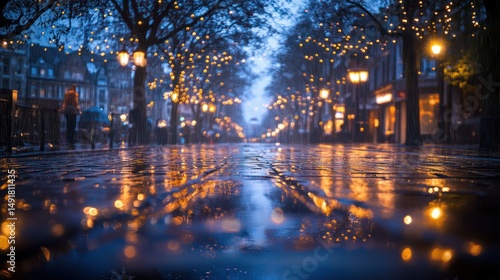 Fototapeta Naklejka Na Ścianę i Meble -  Rainy Night City Street, Festive Lights, Cobblestones, People Walking, Romantic Ambiance