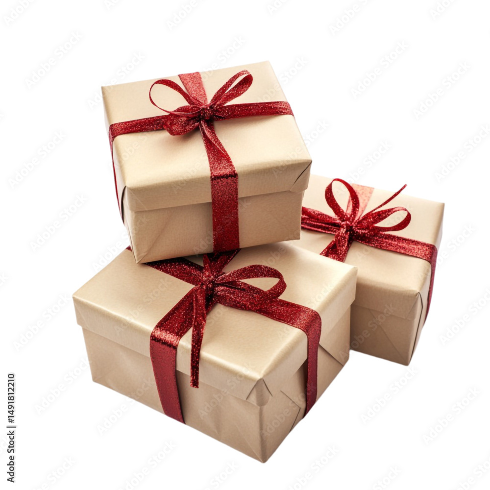 Obraz premium Three wrapped gifts with red ribbons stacked together a holiday surprise