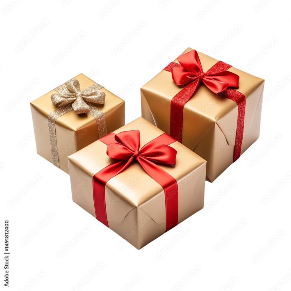Three gold gift boxes with red and gold ribbons bows a festive holiday surprise Three gold gift boxes with red and gold ribbons bows a festive holiday surprise