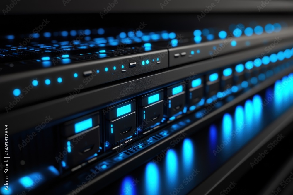 Naklejka premium Close-up of server rack with glowing blue lights