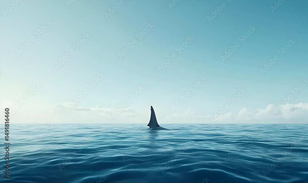 Fototapeta premium Fin of a Shark Emerges Above Calm Ocean Water Beneath Blue Sky
