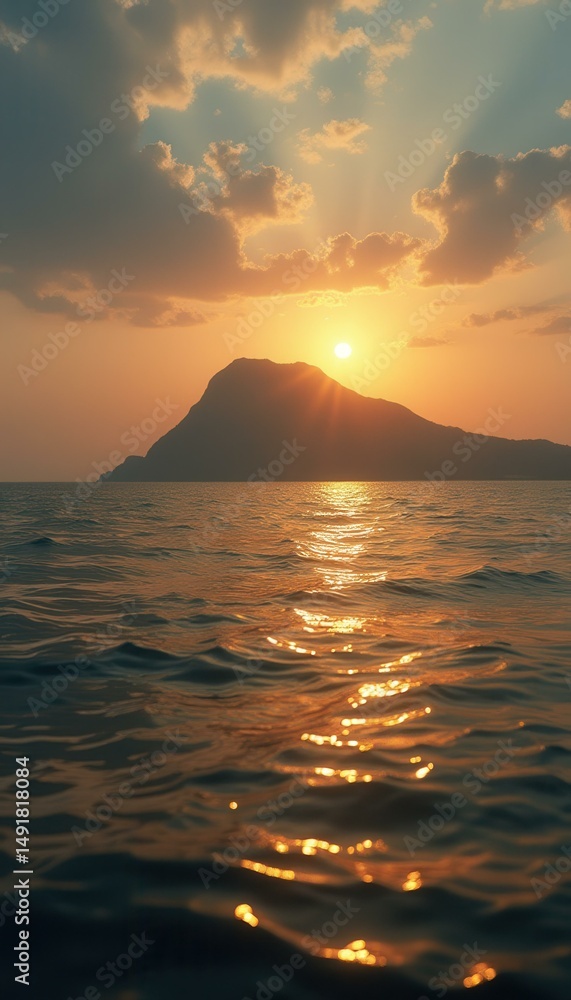 Naklejka premium Golden Sunlight Reflections on Ocean Waves with Mountain Silhouette Backdrop at Dusk