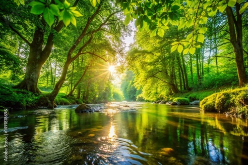 Lush Green Forest River Close-Up: Tranquil Nature Scene