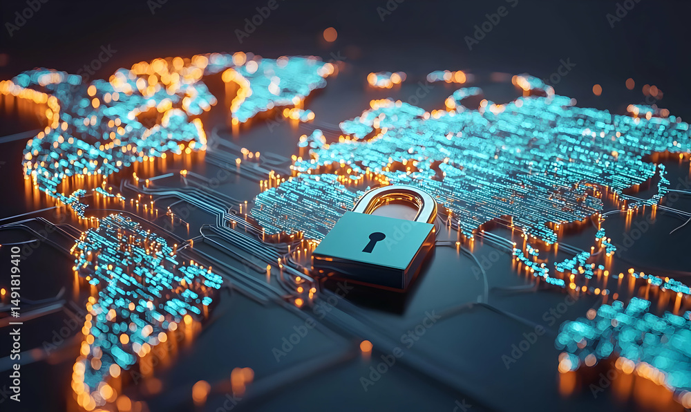 Obraz premium Digital World Map with Lock Symbolizing Cybersecurity and Safety