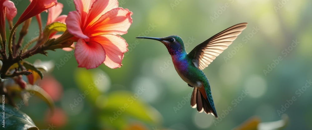 Obraz premium Hummingbird in Flight Near Orange Flower, Green Bokeh Background, Nectar Seeking, Vibrant Colors, Beautiful Details