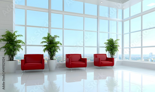 Wallpaper Mural Modern office interior with red chairs and large windows Torontodigital.ca