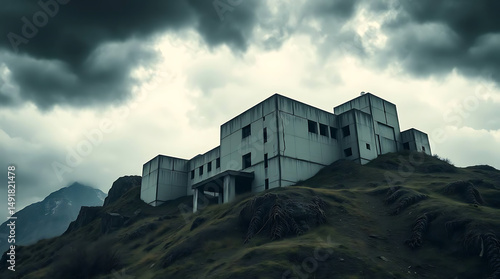 A brutalist megastructure used as a blacksite research facility, buried into the side of a mountain, created by generative ai