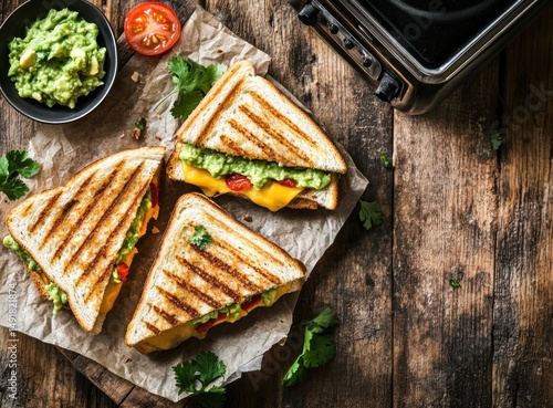 Three grilled cheese sandwiches with avocado and tomato, served on rustic wooden board.