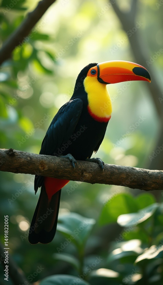 Fototapeta premium Majestic Channel-Billed Toucan Perched on Branch, Displaying Vibrant Plumage and Distinctive Bill in Lush Forest Setting