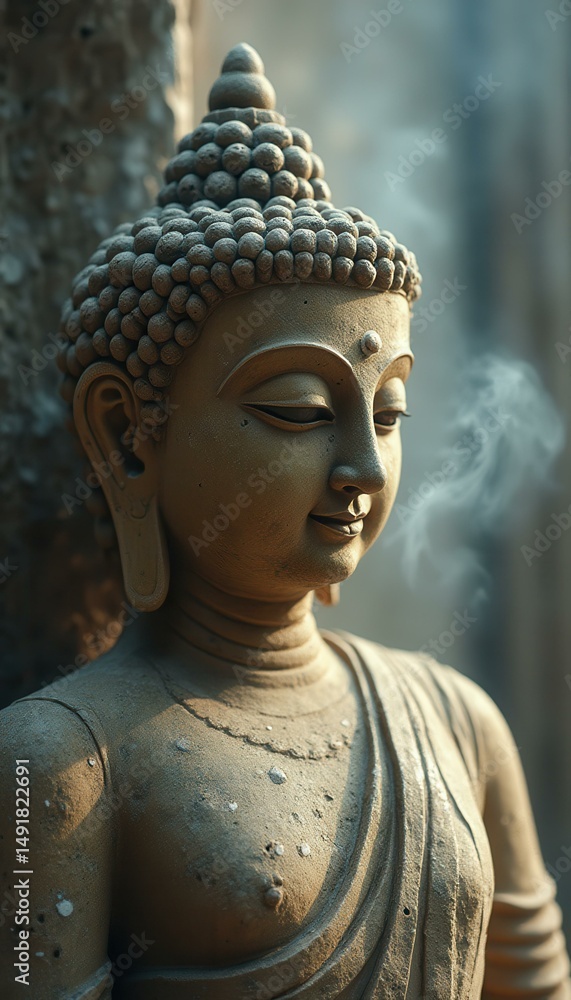 custom made wallpaper toronto digitalSerene Stone Buddha Statue with Spiritual Aura and Gentle Smoke Effect