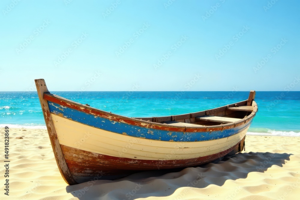 A weathered wooden rowboat rests on a pristine sandy beach, facing a tranquil turquoise ocean under a brilliant summer sky. A weathered wooden rowboat rests on a pristine sandy beach, facing a tranquil turquoise ocean under a brilliant summer sky.