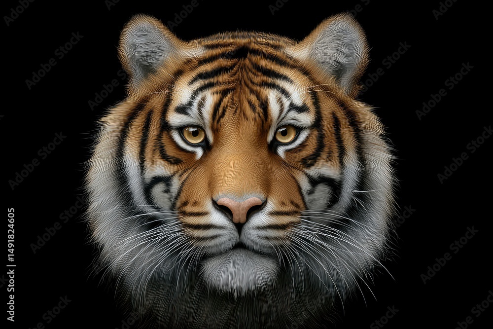 Fototapeta premium Tiger Face Close-up Portrait Against Black Background