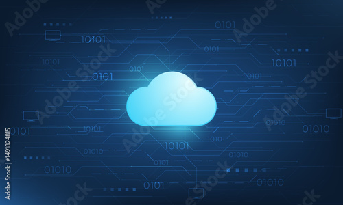 Abstract cloud network background with central cloud icon, digital binary code, and circuit lines. Ideal for cloud computing, technology infrastructure, and data connection concept.