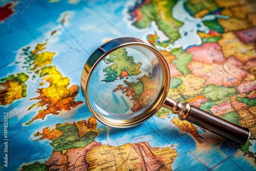 Macro Photography: Magnifying Glass on UK Map, World Map Background