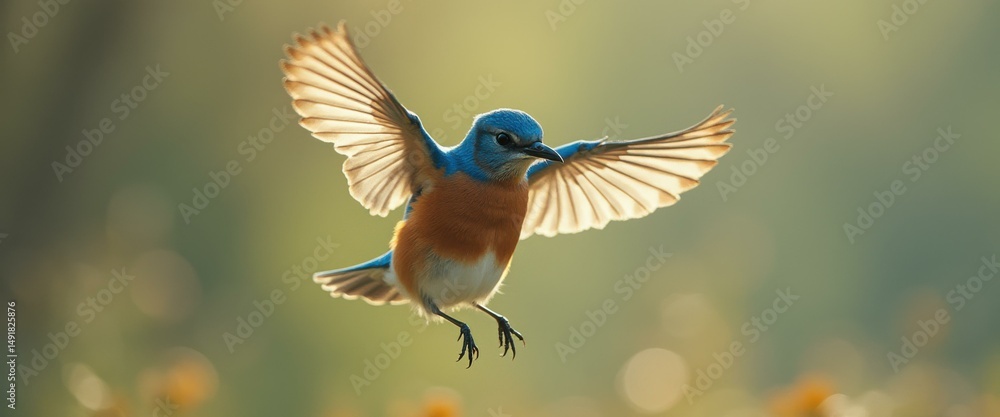 Fototapeta premium Eastern bluebird soaring with grace against a soft-focus natural background, capturing a moment of avian freedom in mid-flight.