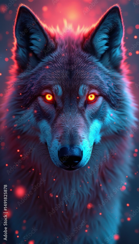 Naklejka premium Majestic Wolf with Glowing Eyes Gazing Intently, Illuminated by Vibrant Neon Lights and Mystical Red Sparks, Creating a Fantasy Ambiance