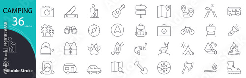 Camping icon set. Outdoor and adventure related line icons: tent, campfire, backpack, hiking, nature, forest, lantern, sleeping bag, map and more. Editable stroke. Vector illustration.