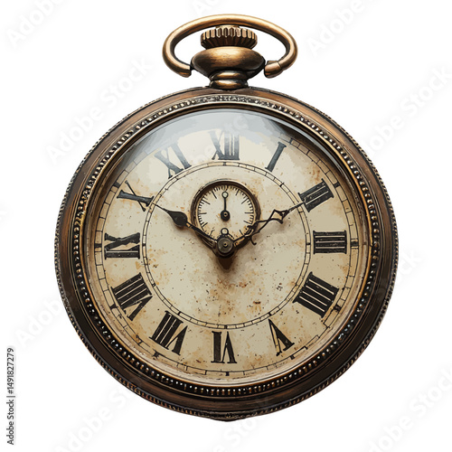 Antique Vintage Pocket Watch Roman Numerals Timepiece Classic Elegant Design Grunge Aged Brown Metal Brass Detailed Closeup Isolated Black Background Old Fashioned Timekeeping Precise Mechanism art   