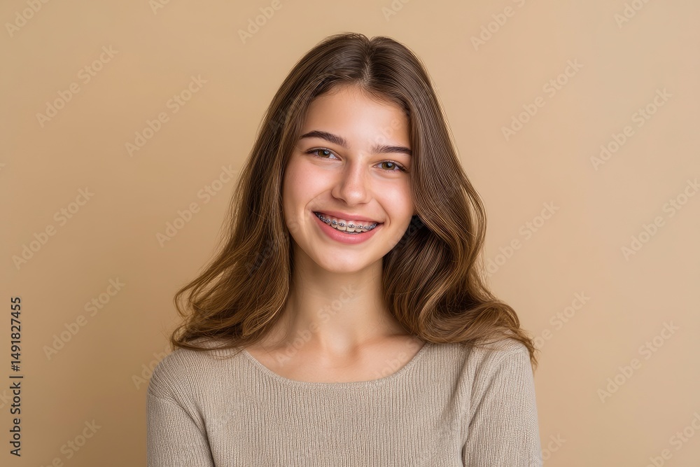 Smiling Woman Showing Dental Braces with Friendly Expression Smiling Woman Showing Dental Braces with Friendly Expression